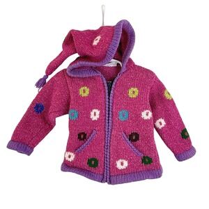 Norsk Wear HAND KNIT Ecuador‎ Pink FLORAL Wool Zip Up Hoodie GIRL 2 TODDLER